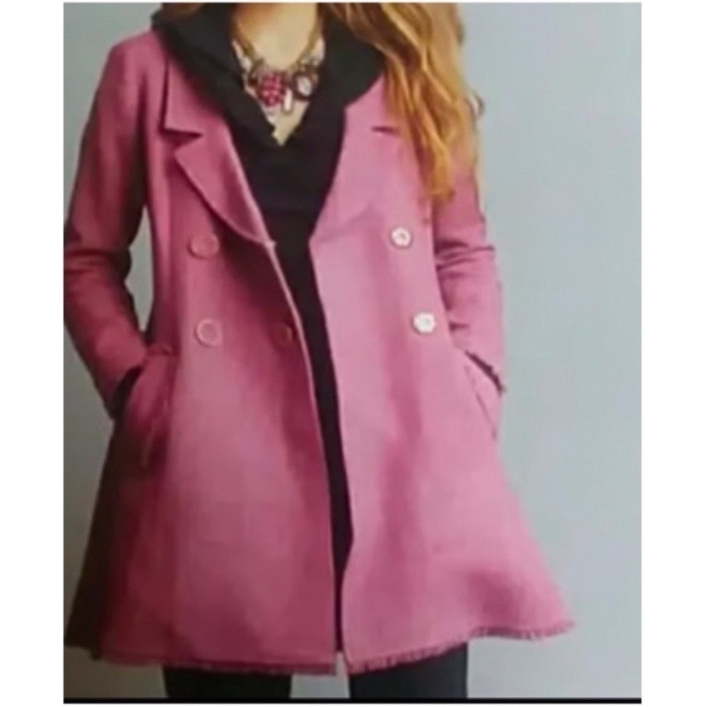 Cabi Madison Avenue Pea Coat Size 6 Pink Wool Blend Fringe Tweed Double Breasted